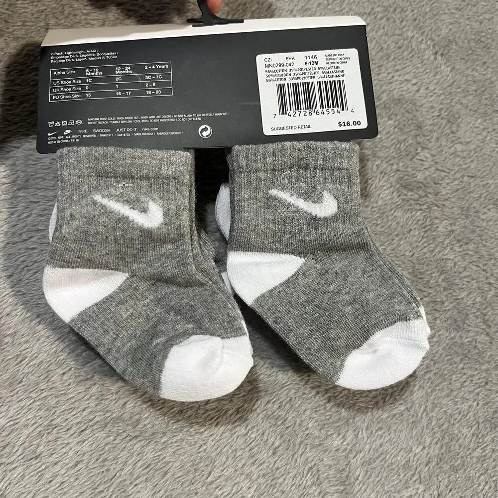 Nike Socks Newborn 6-12 Months Gray White 6 Pack Lightweight Ankle Baby Swoosh